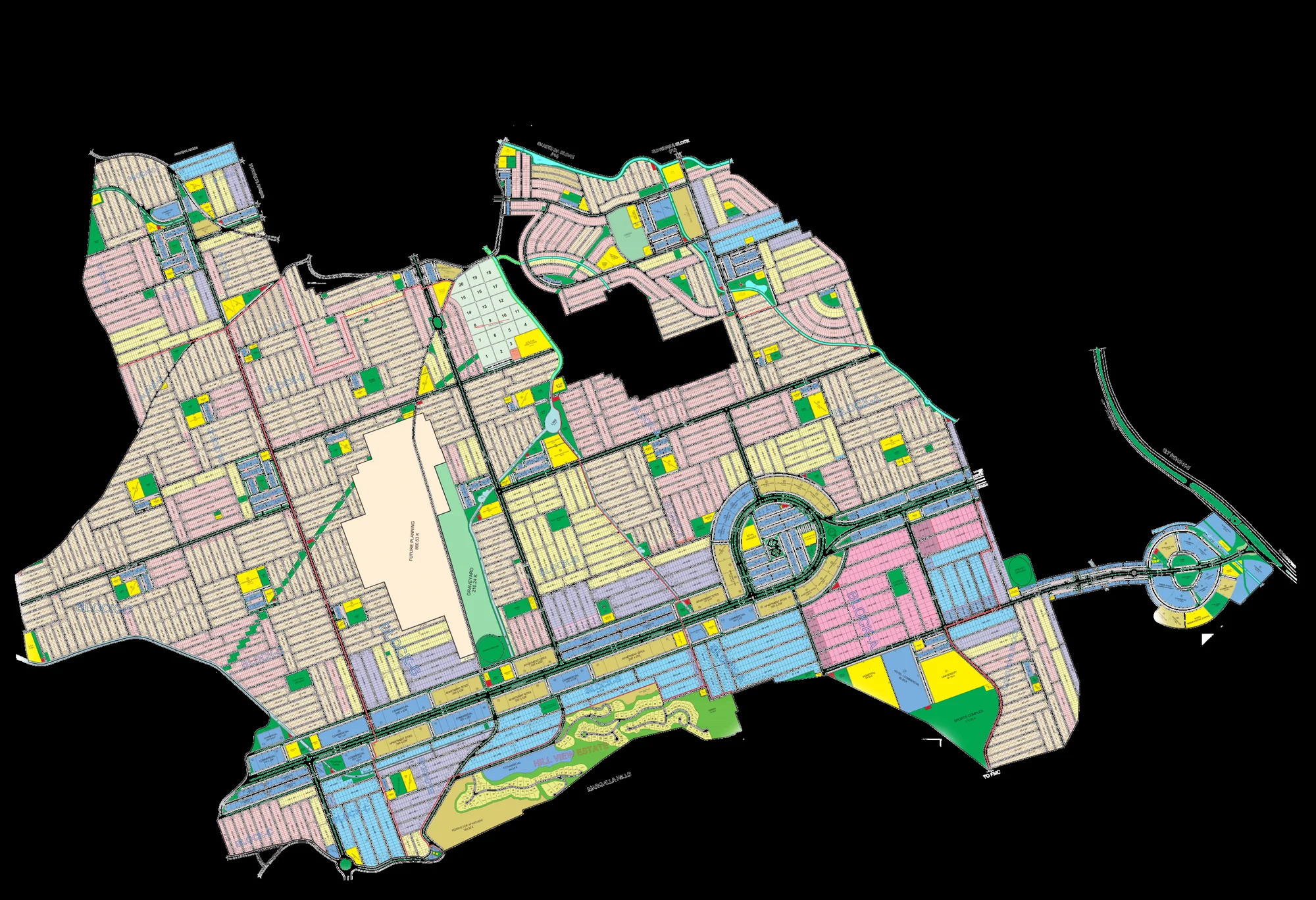 Faisal Hills master plan showing Blocks A, B, C, D and the Executive Block, Taxila